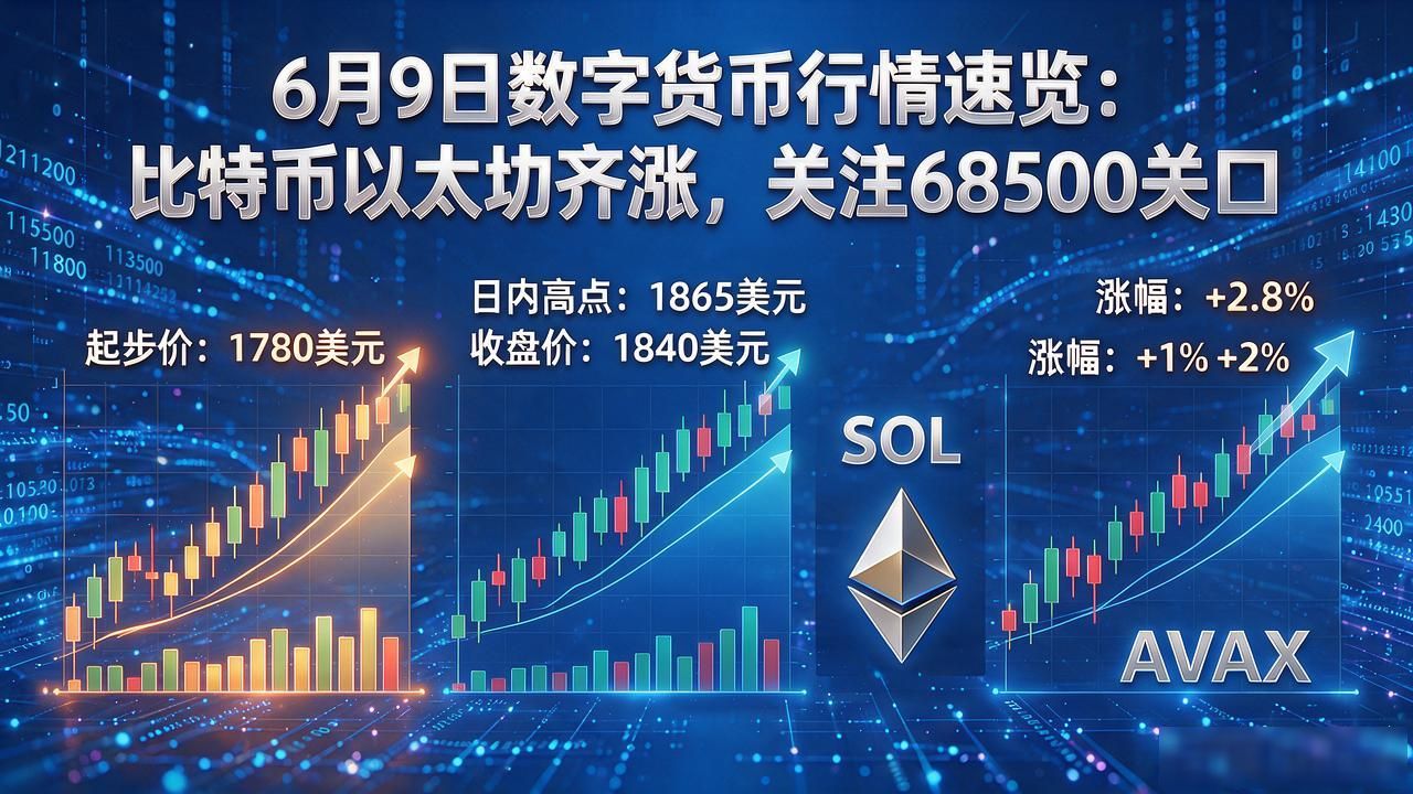 6月9日数字货币行情速览：比特币以太坊齐涨，关注68500关口