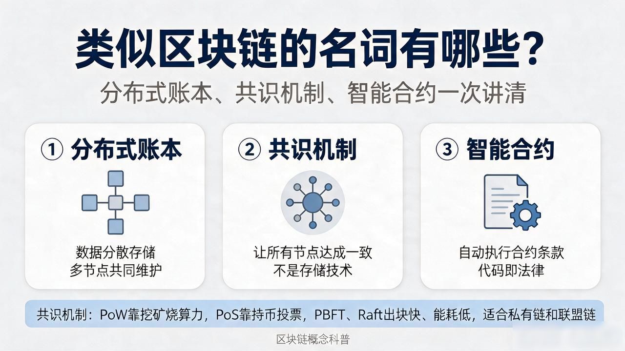 类似区块链的名词有哪些？分布式账本、共识机制、智能合约一次讲清